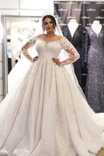 

plus sizes lace a line wedding dresses sheer crew neck long sleeves tulle applique beaded wedding bridal gowns with buttons robes de mariee, White