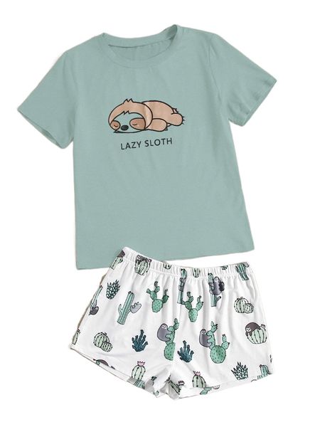 

sloth and letter graphic tee & shorts pj set 61j5#, Black;red