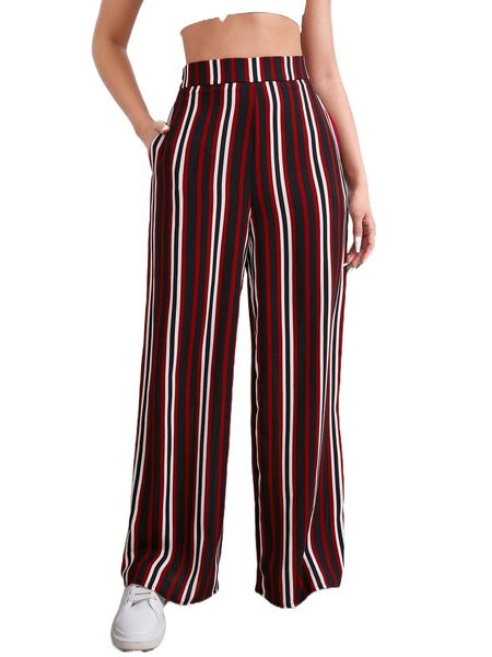 

striped wide leg pants x09f#, Black;white