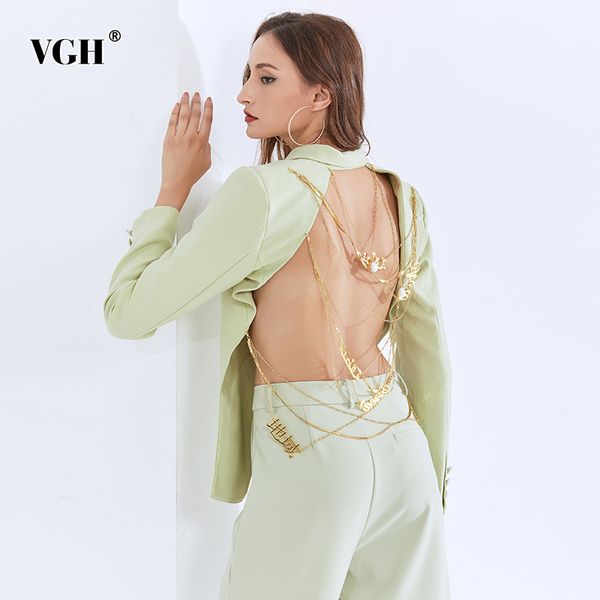 

patchwork cross chain blazer for women notched long sleeve backless black coat female fall fashion clothing 210507, White;black