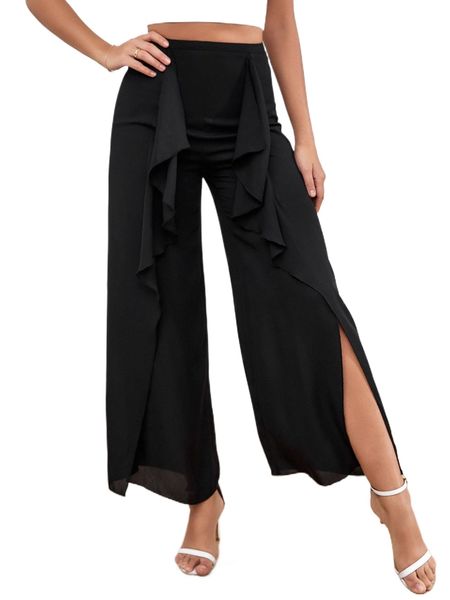 

r.uffle slit hem w.ide l.eg p.ants c1a9#, Black;white