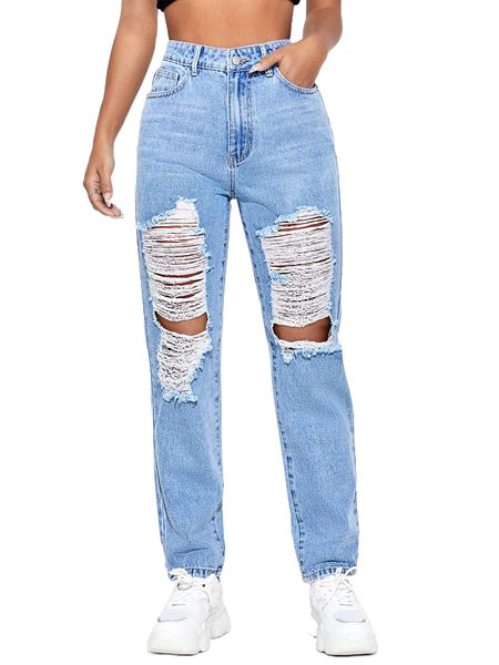 

high waist ladder distressed mom fit jeans n6vl#, Blue