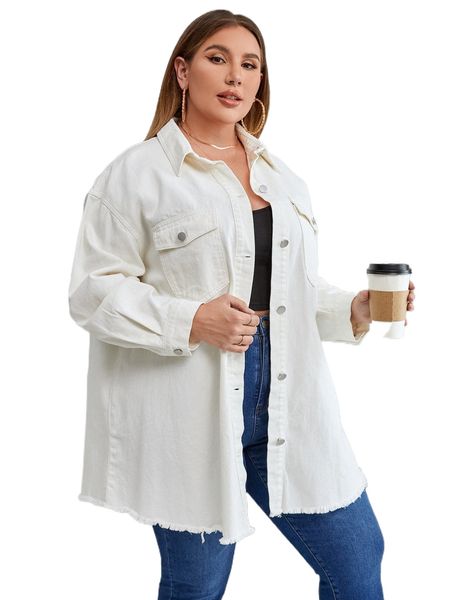

plus flap pocket drop shoulder raw trim denim coat u9qc#, Black;brown