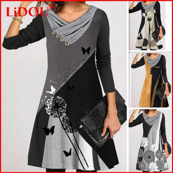 

y2k harajuku floral printed vintage dress autumn women long sleeve scarf collar dresses plus size 5xl retro casual vestidos 220330, Black;gray
