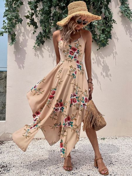 

floral print shirred back halter neck asymmetrical hem dress r8tb#, Black;gray