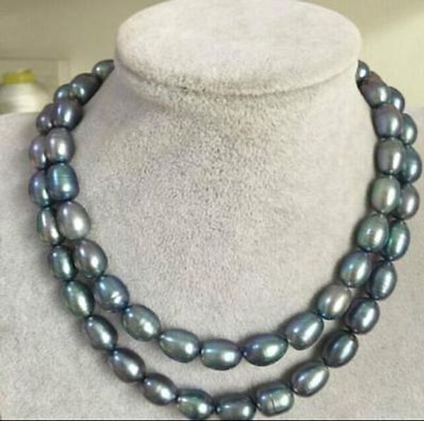 

double strand 9-10mm natural tahitian black blue pearl necklace 32&quot 14k yellow, Silver