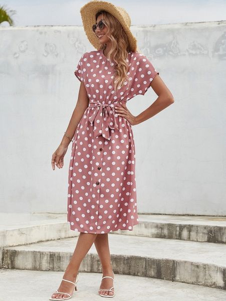 

polka dot button front belted dress h34k#, Black;gray