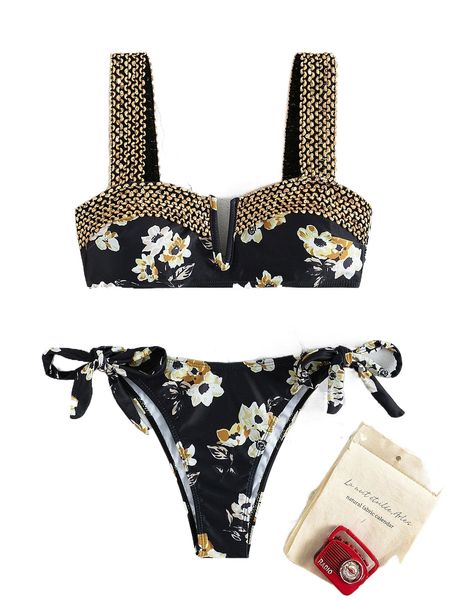 

floral v wired stitch detail bikini swimsuit l9u0#, White;black