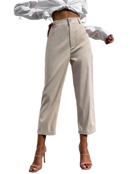 

high waist roll hem straight leg pants y6za#, Black;white