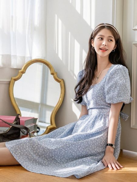 

dazy ditsy floral puff sleeve square neck tie back dress y4ge#, Black;gray