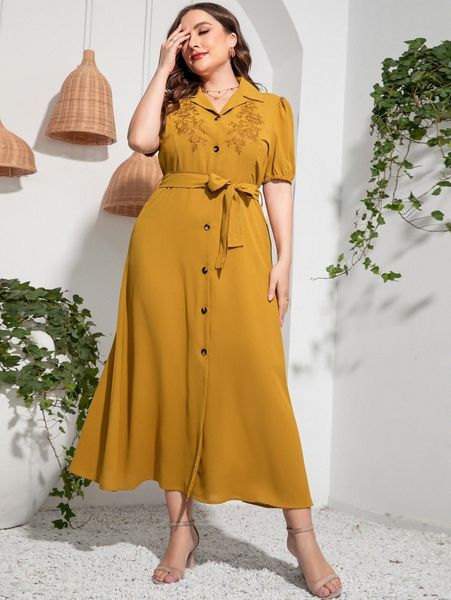 

plus floral embroidery puff sleeve belted shirt dress y5gc#, Black