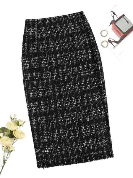 

high waist plaid fringe split hem tweed skirt b2wr#, Black
