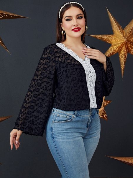 

plus guipure lace insert blouse d55q#, Black