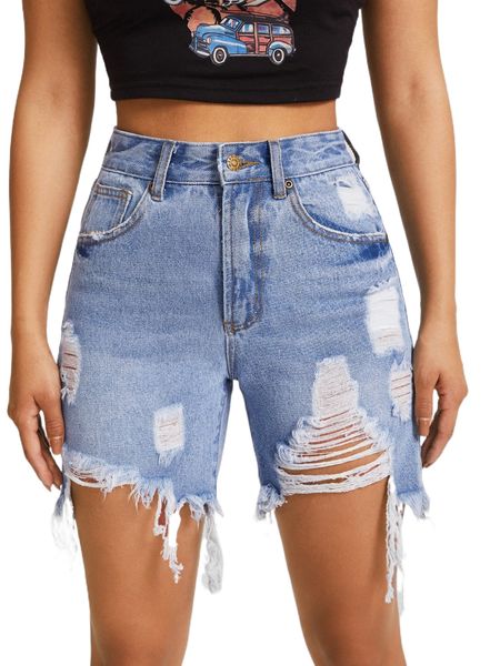 

high waist ripped raw hem denim shorts k7y3#, White;black