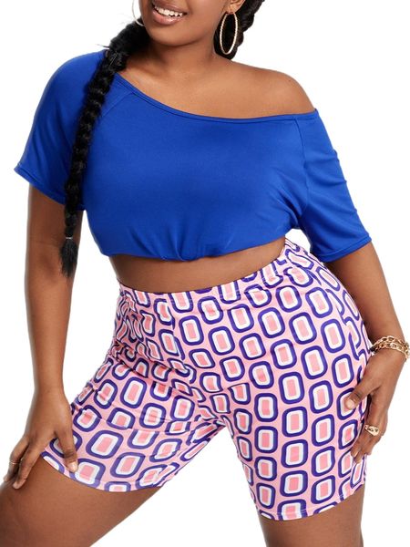 

sxy plus raglan sleeve tee & geo print biker shorts g6ps#, Black