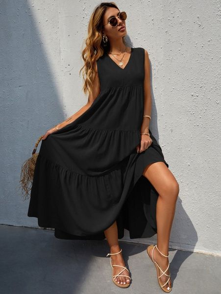 

v-neck ruffle hem solid dress a0vn#, Black;gray