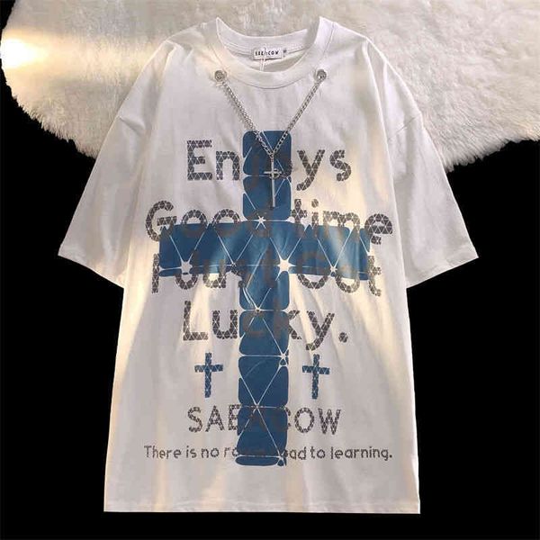

2022 new trendy brand cross necklace short-sleeved street hip-hop t-shirt cotton, White