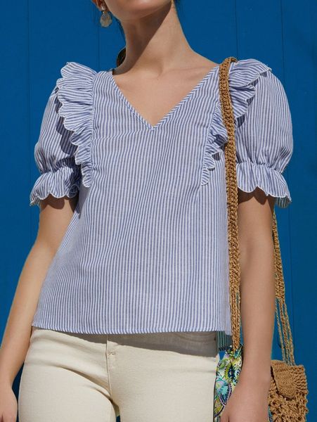 

striped print ruffle trim blouse e9dq#, White