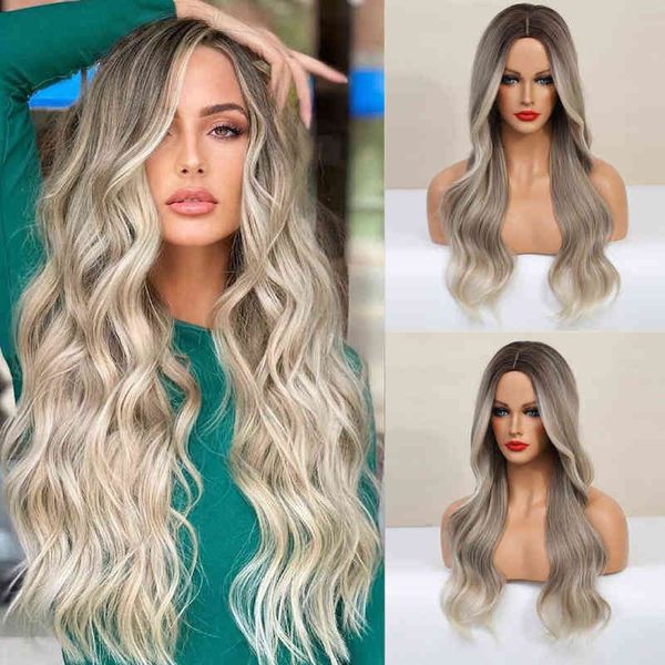 

synthetic lace wigs for women ombre blond body wave 26 inches long wavy cosplay t part wig heat resistant 220622, Black