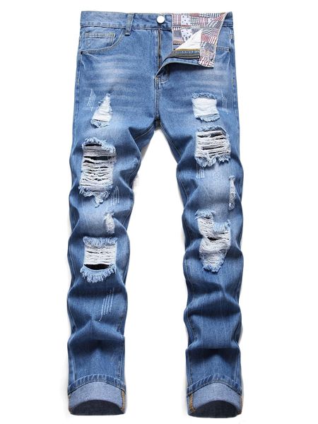 

men ripped moustache effect slim straight jeans q5cl#, Blue