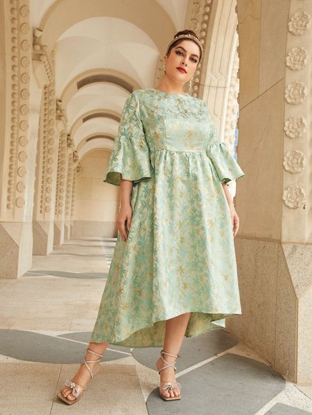 

plus floral jacquard flounce sleeve dress j4qn#, Black