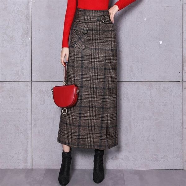 

elegant retro female hight waist woolen long plaid skirt women casual straight vintage fashion maxi jupe longue femme slim 220317, Black