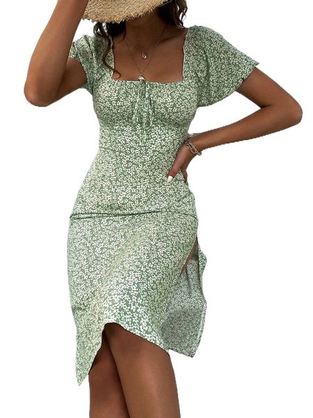 

ditsy floral print tie front split thigh dress w9wq#, Black;gray