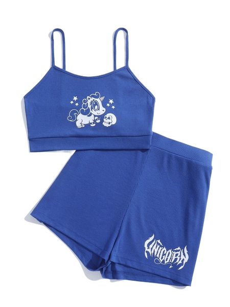 

x nemons cartoon print cami & letter graphic shorts set p69w#, White