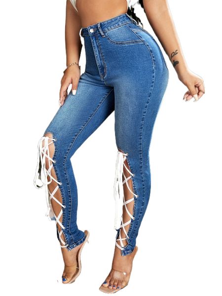 

high waisted lace up skinny jeans 34e6#, Blue