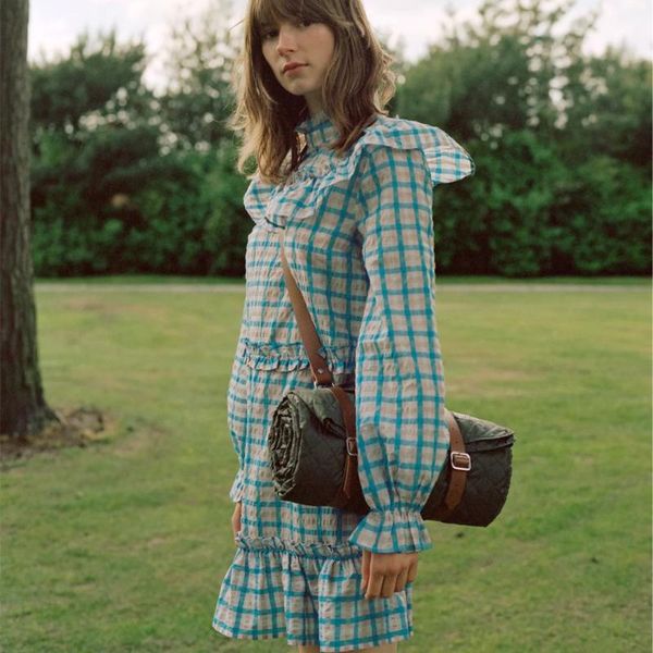 

pr002 casual mini 2021 stand-up dresses early autumn seersucker ruffled women plaid collar long-sleeved loose 100% dress cotton dtprx