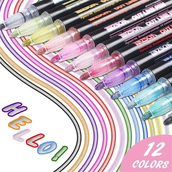 12 цветов Металлический блеск красочный набросок цвета маркер Kawaii Art Marker Double Line Pen для рисования школьных принадлежностей Art Pen 210226