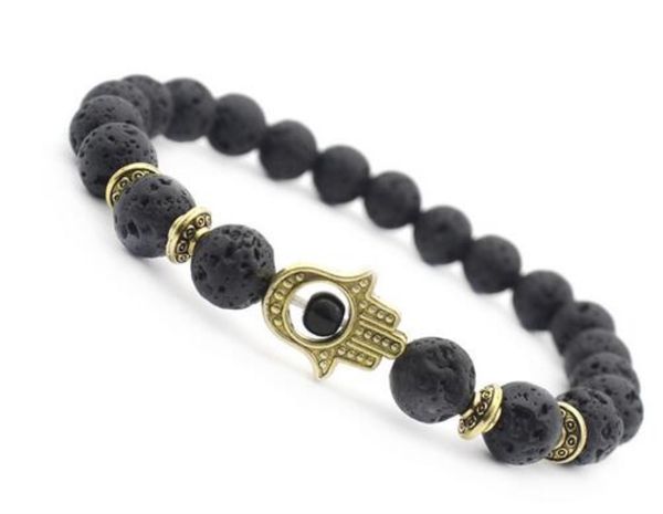 Fios de mi￧angas Bracelets J￳ias MG0759 Hamsa lava Stone Smoky Quartz Bracelet Fatimas Hand Hand Cura Espiritual Chakra Raiz Mala Yoga D