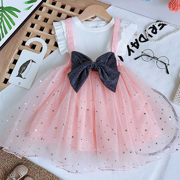

summer girls clothing sets princess flying sleeve mesh gauze big bow skirt 2pcs baby kids clothes suit children, White