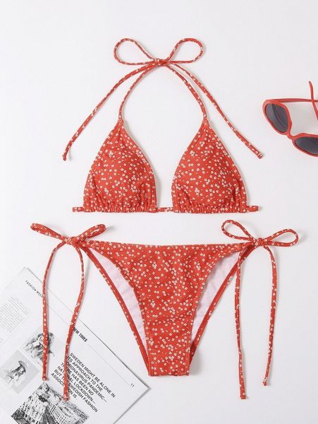 

ditsy floral print halter triangle bikini swimsuit 560q#, White;black