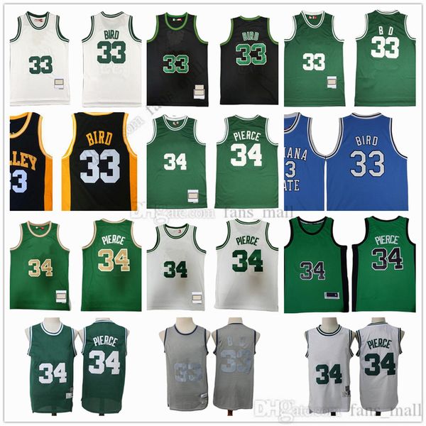 Mitchell und Ness Basketball 2007–08 Paul 34 Pierce Trikots Retro genäht Larry 33 Bird Jugend Kinder Herrentrikot 1985–86 Grün Weiß Blau Schwarz High School College