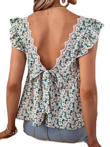 

ditsy floral tie back ruffle sleeve peplum blouse i4cj#, White
