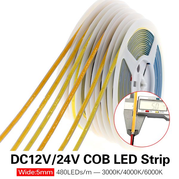 5MDC12V 24 V 480 LED'ler COB LED Şerit Esnek Süper Parlaklık LED Işıkları Sıcak Beyaz / Doğal Beyazlar Bant