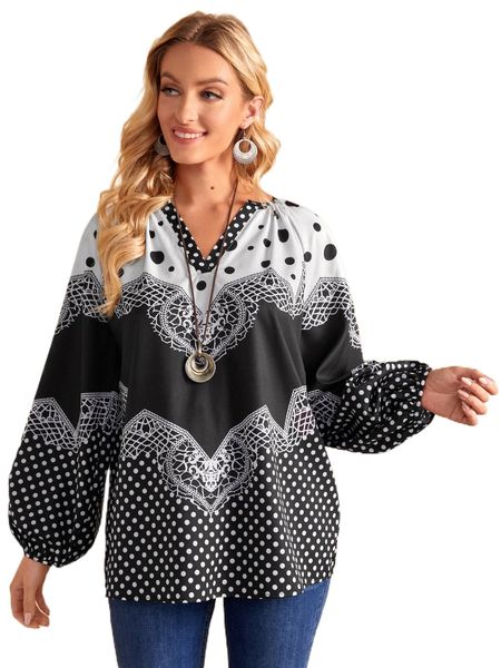

emery rose polka dot & graphic print lantern sleeve a8op#, White