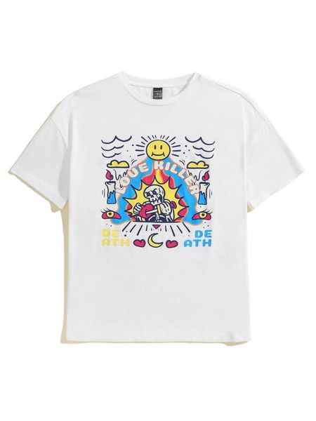 

x unlogicstudio skull cartoon and letter print drop shoulder tee z4o3#, White