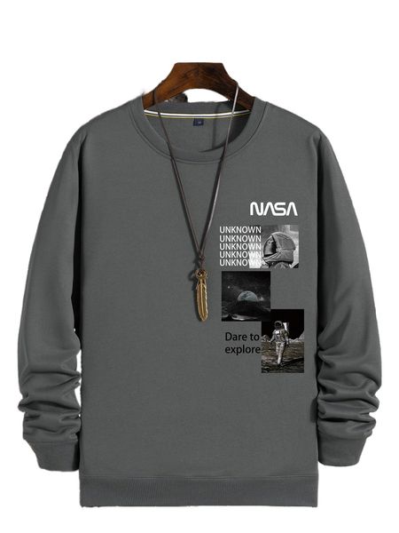 

men slogan & astronaut print sweatshirt k98y#, Black