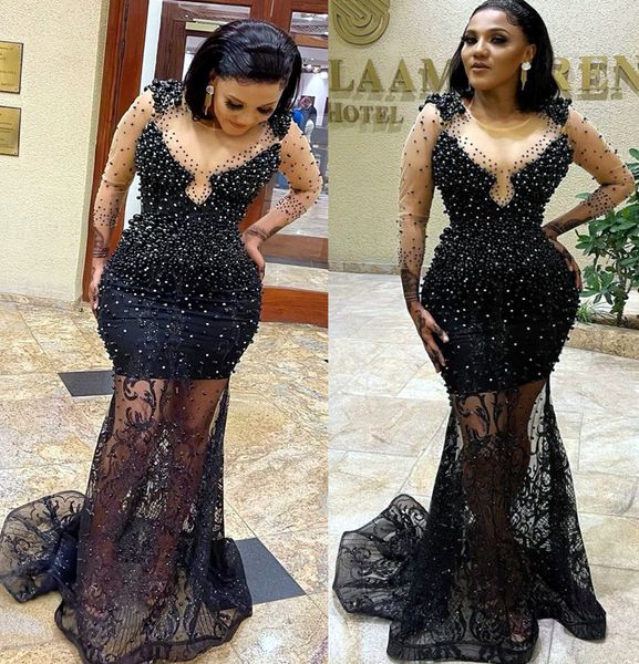 

2022 plus size arabic aso ebi black mermaid luxurious prom dresses sheer neck evening formal party second reception birthday engagement gown
