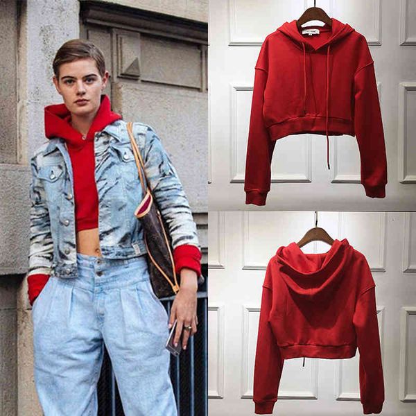 

women's hoodies & sweatshirts red short hooded sweater women's loose korean version of trendy ins high waist super fire spring thi, Black