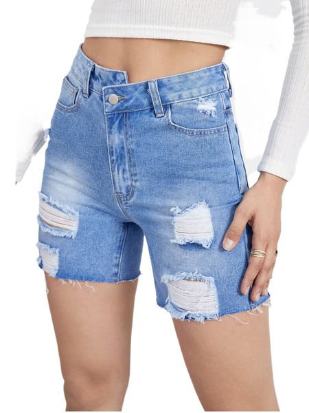 

overlap zipper fly ripped denim shorts 56mx#, White;black