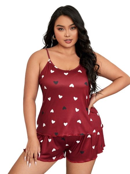 

plus allover heart print lettuce trim pajama set i3ee#, Black;white