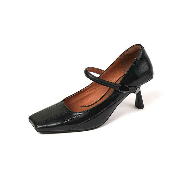 

dress shoes summer women's shoes square toe stiletto buckle four seasons commuting cow leather simple shallow mouth single women ng2b, Black