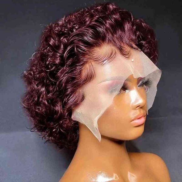 

pixie cut wig short bob curly human hair s 13x1 transparent lace 99j burgundy water deep wave front for women 220705, Black