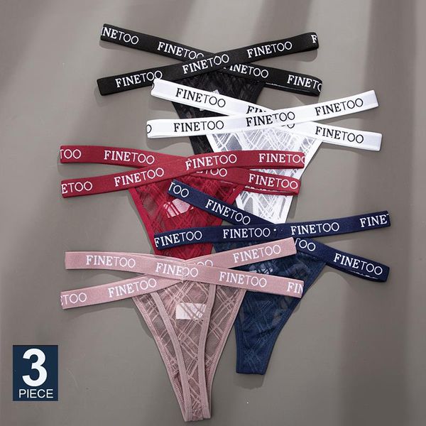 

3pcs set womens letter lace panties mesh g-string cross strap midi waist underwear thongs femme hollow out, Black;pink