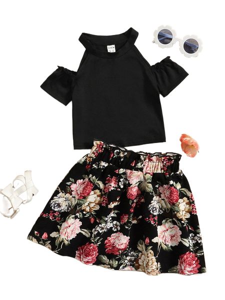 

cold shoulder crop & floral print paperbag waist skirt 087q#, White