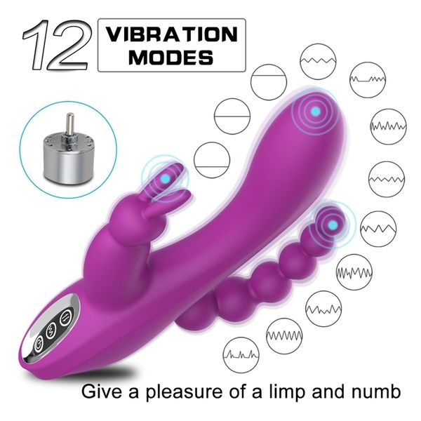 12 Funzione Rabbit Vibratore G-spot e P-spot Anal Triple Curve Dildo ricaricabile per donne Stimolatore clitoride 220325