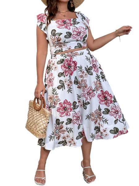 

plus floral print square neck flutter sleeve & skirt i9fl#, Black